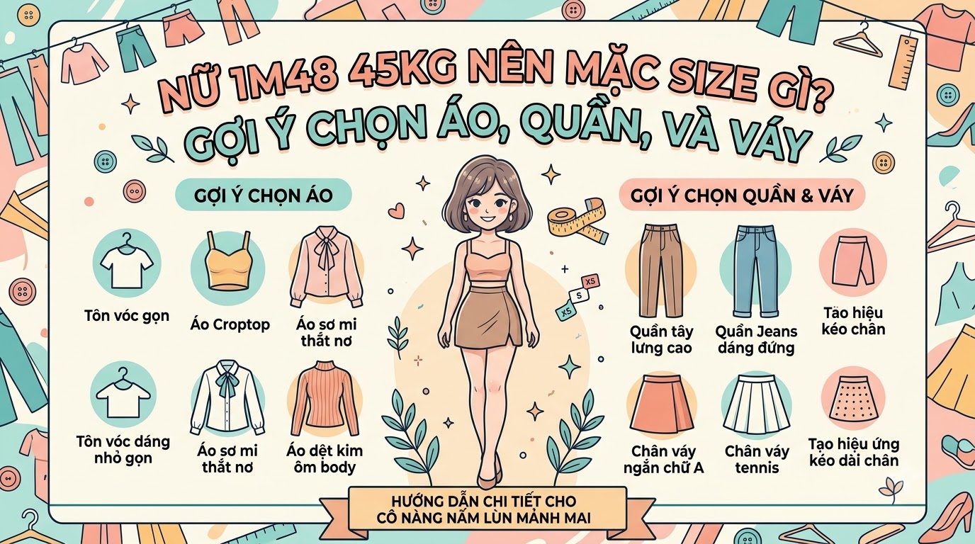 1m48 45kg mặc size gì nữ? Gợi ý chọn áo, quần và váy