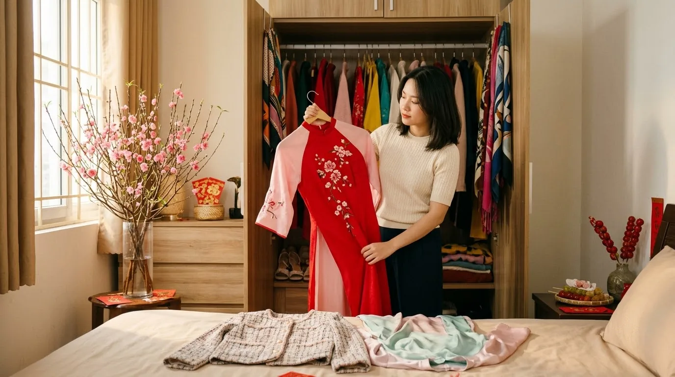 Vải dạ tweed và lụa tơ tằm tông màu may mắn ngày Tết