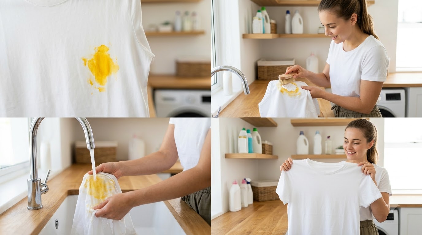 Tẩy vết nghệ trên áo trắng theo nhãn chăm sóc Xử lý cục bộ vết nghệ trên áo trắng bằng chất giặt phù hợp
