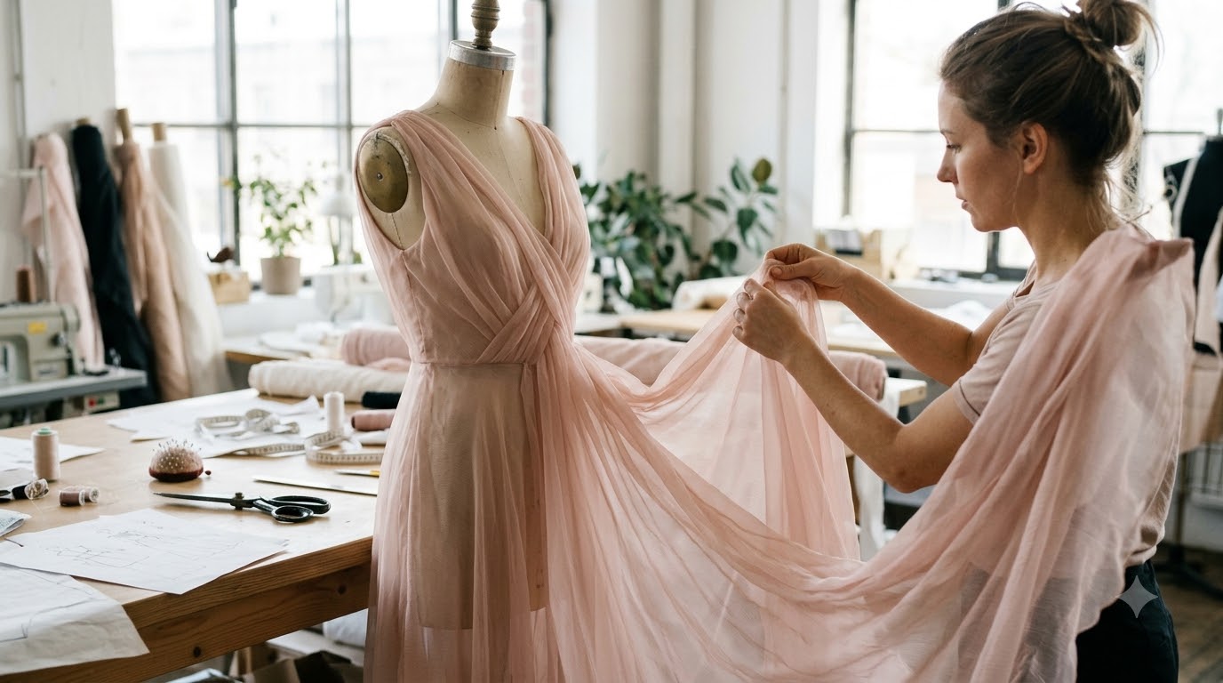 Độ rũ mềm và đặc tính mỏng nhẹ của chiffon Vải chiffon buông rũ, thể hiện độ nhẹ và độ xuyên thấu