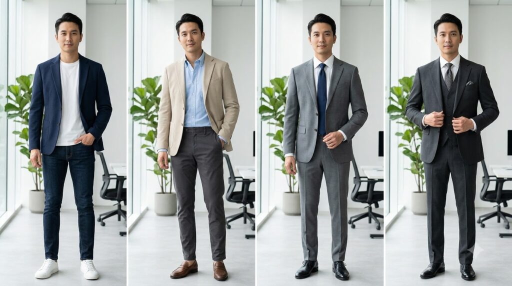 Cách phối đồ công sở nam theo mức độ trang trọng 1 Trang phục công sở được điều chỉnh từ sơ mi và chinos đến suit theo lịch họp