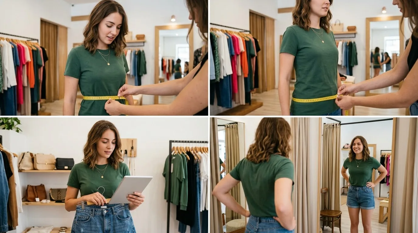 Minh họa thao tác dùng thước dây đo eo mông đùi chọn quần short