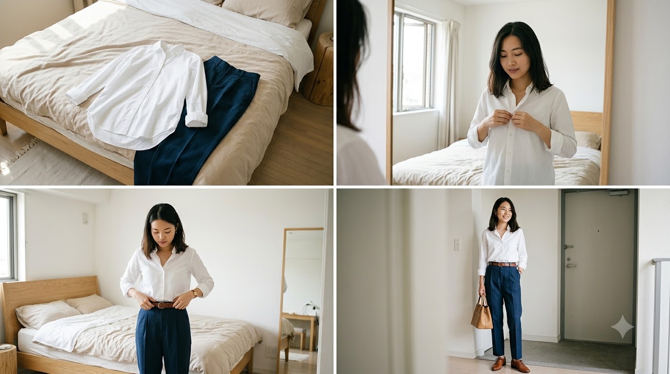 Trang phục công sở nữ với áo sơ mi trắng sơ vin gọn gàng cùng quần âu đen dáng đứng