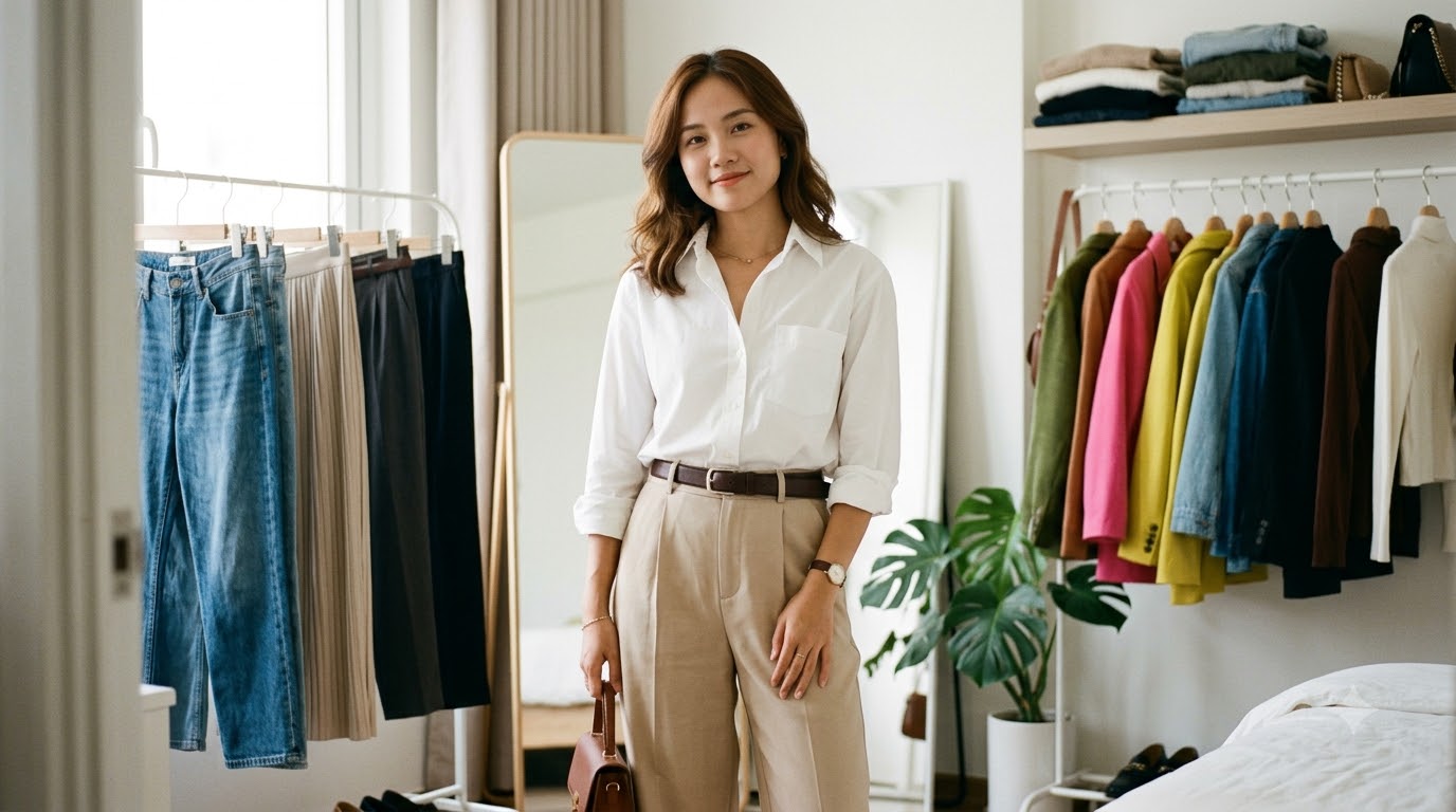 Áo sơ mi trắng nữ phối cùng quần jeans xanh ống đứng tạo phong cách trẻ trung và năng động