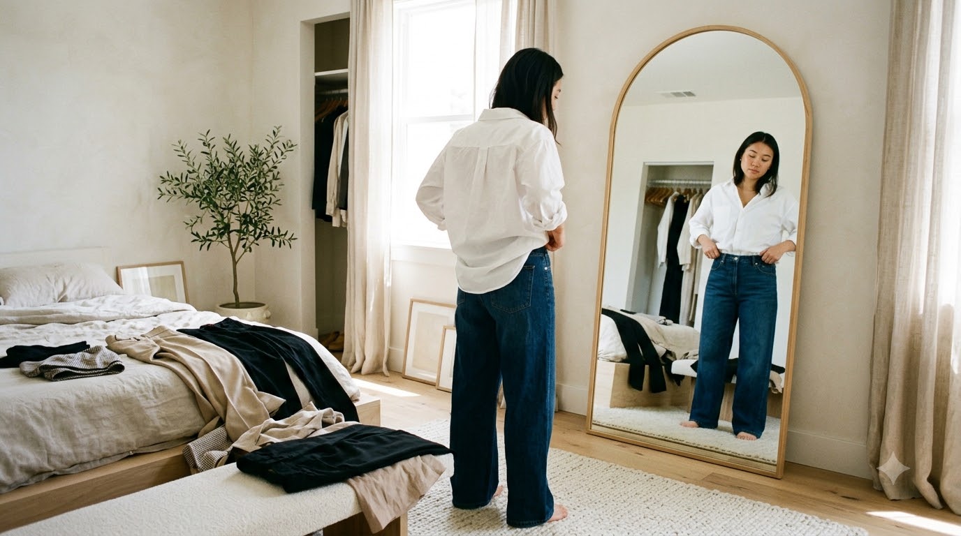 Áo sơ mi trắng nữ kết hợp quần ống rộng và quần ống suông theo phong cách tối giản