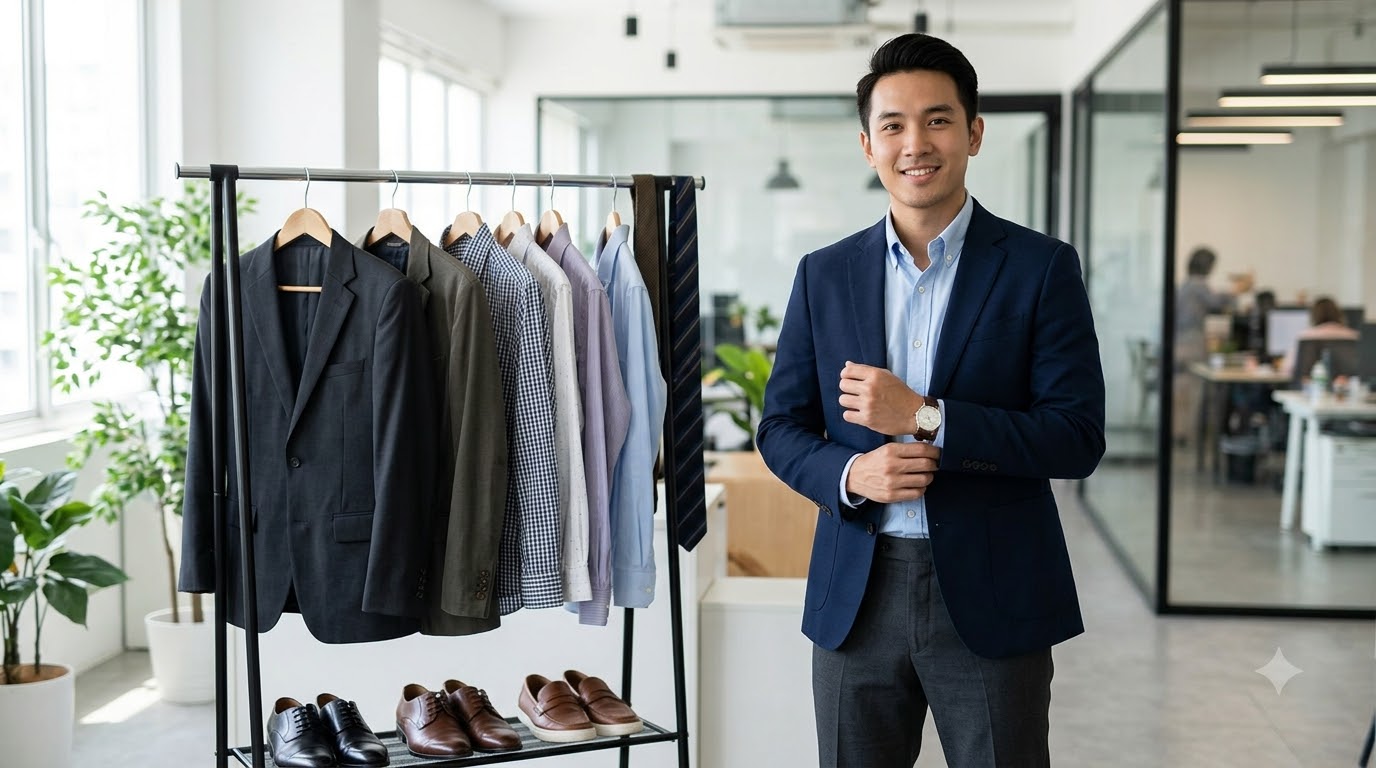 Suit đồng bộ cho phong cách công sở trang trọng Bộ suit xanh navy đồng bộ phối sơ mi sáng màu, cà vạt tiết chế và giày da